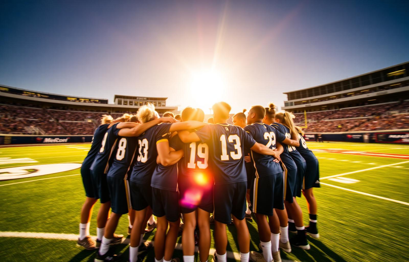 Youth sports team huddled together on the field